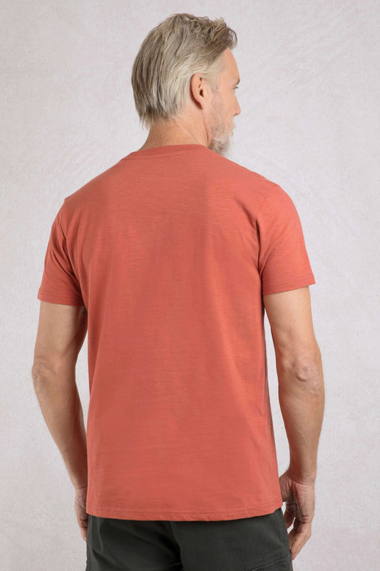 Back view of man wearing Weird Fish mens t-shirt baked clay in solid color and short sleeves