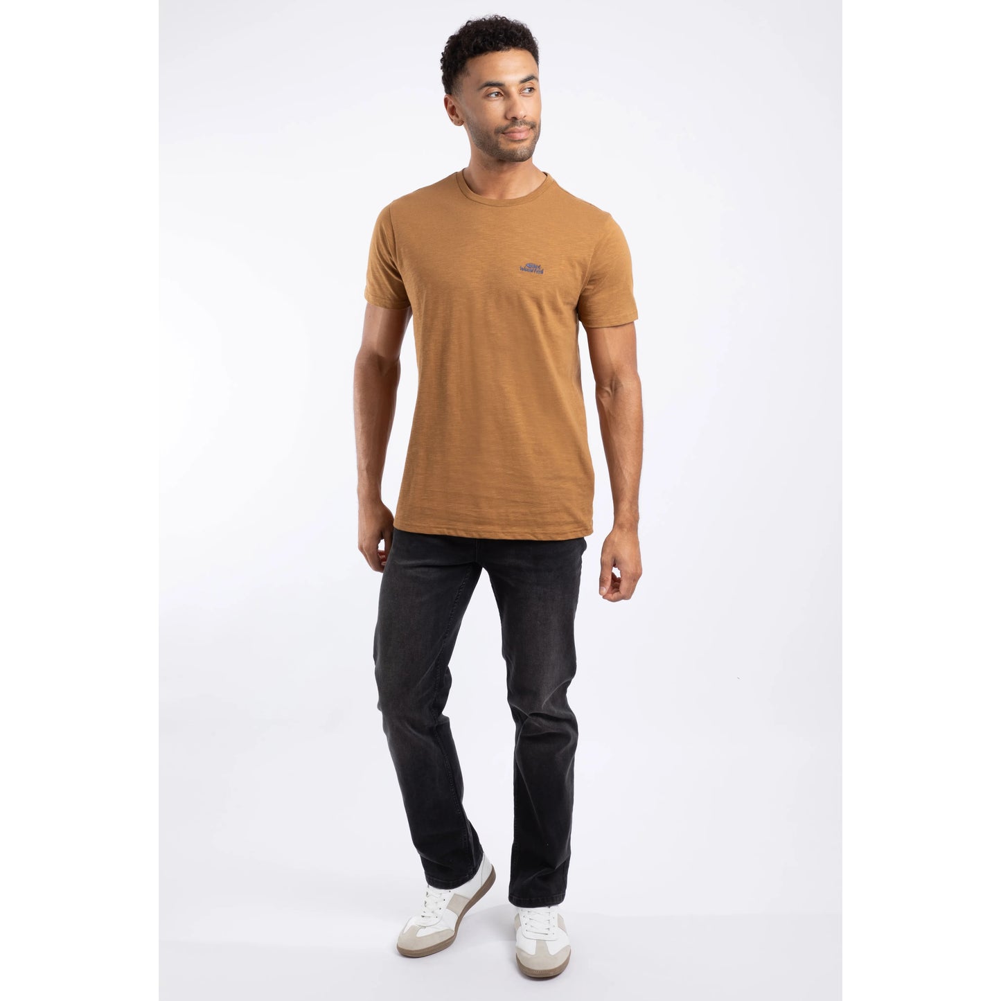 Weird Fish mens t-shirt Fox brown worn by male model with black jeans and white sneakers