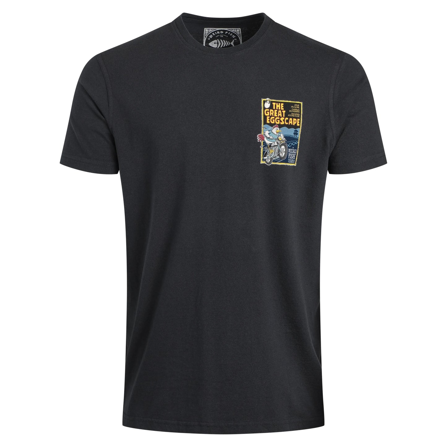 Navy t-shirt with a graphic design on the chest against a white background