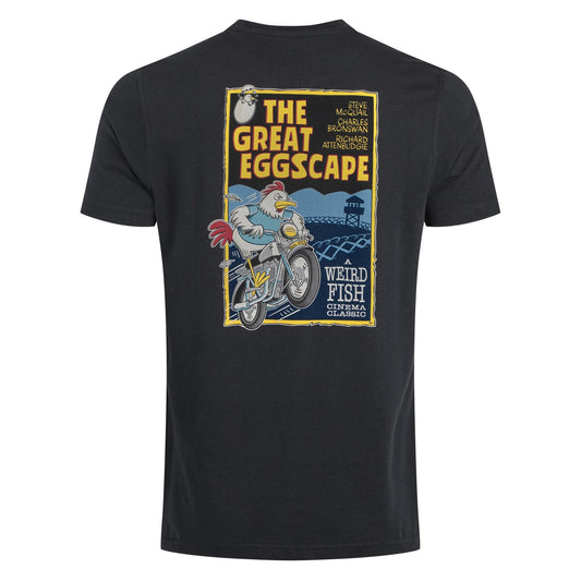 Navy t-shirt with a graphic design on the back featuring a chicken on a motorcycle and text.