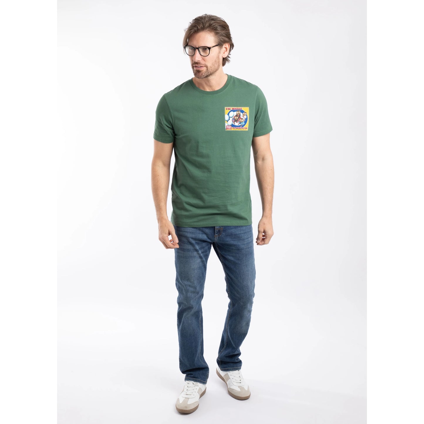 Man wearing a Weird Fish short sleeve The Whoot 'My Heneration' printed t-shirt in Dusky Green with blue jeans and trainers