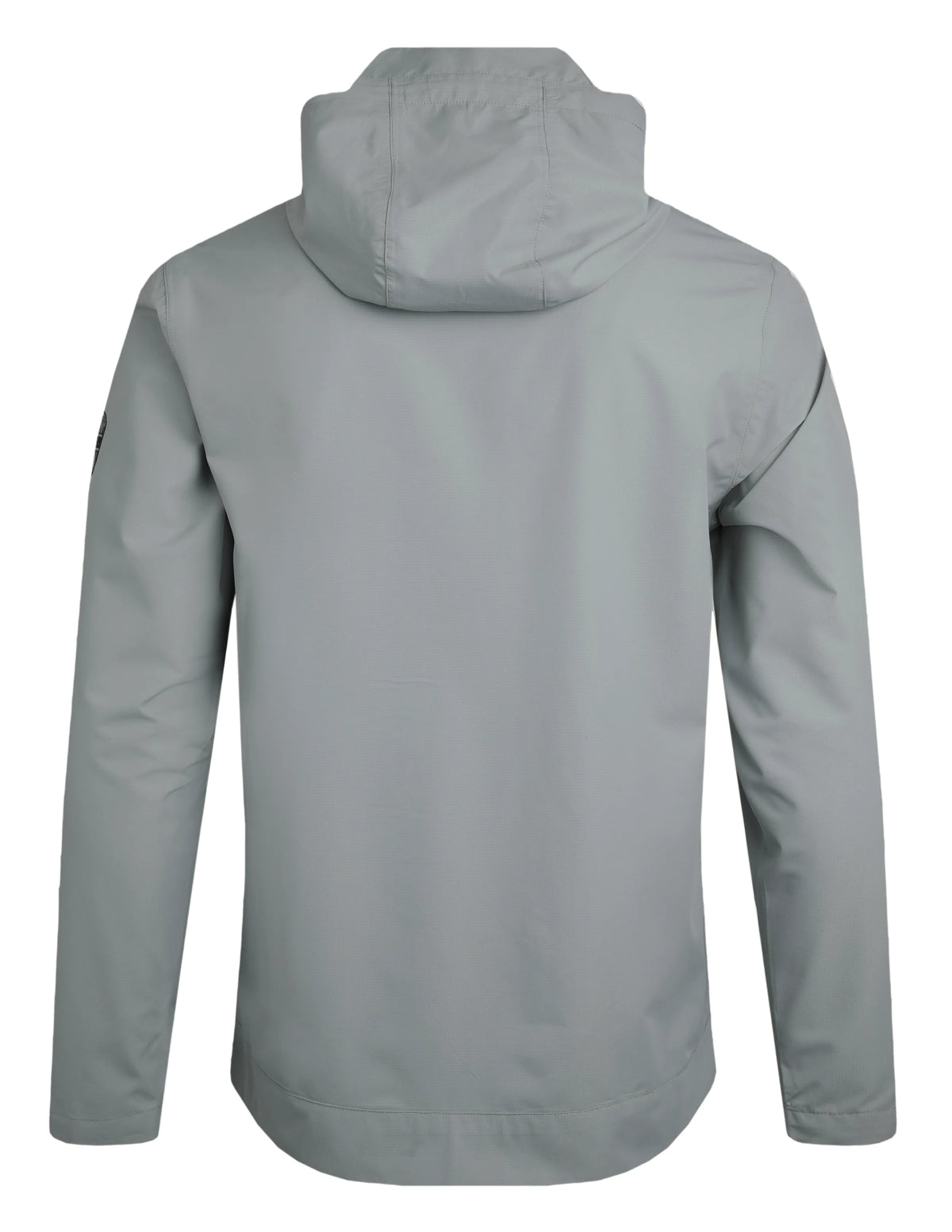 Back view of Weird Fish mens waterproof jacket grey with hood and long sleeves