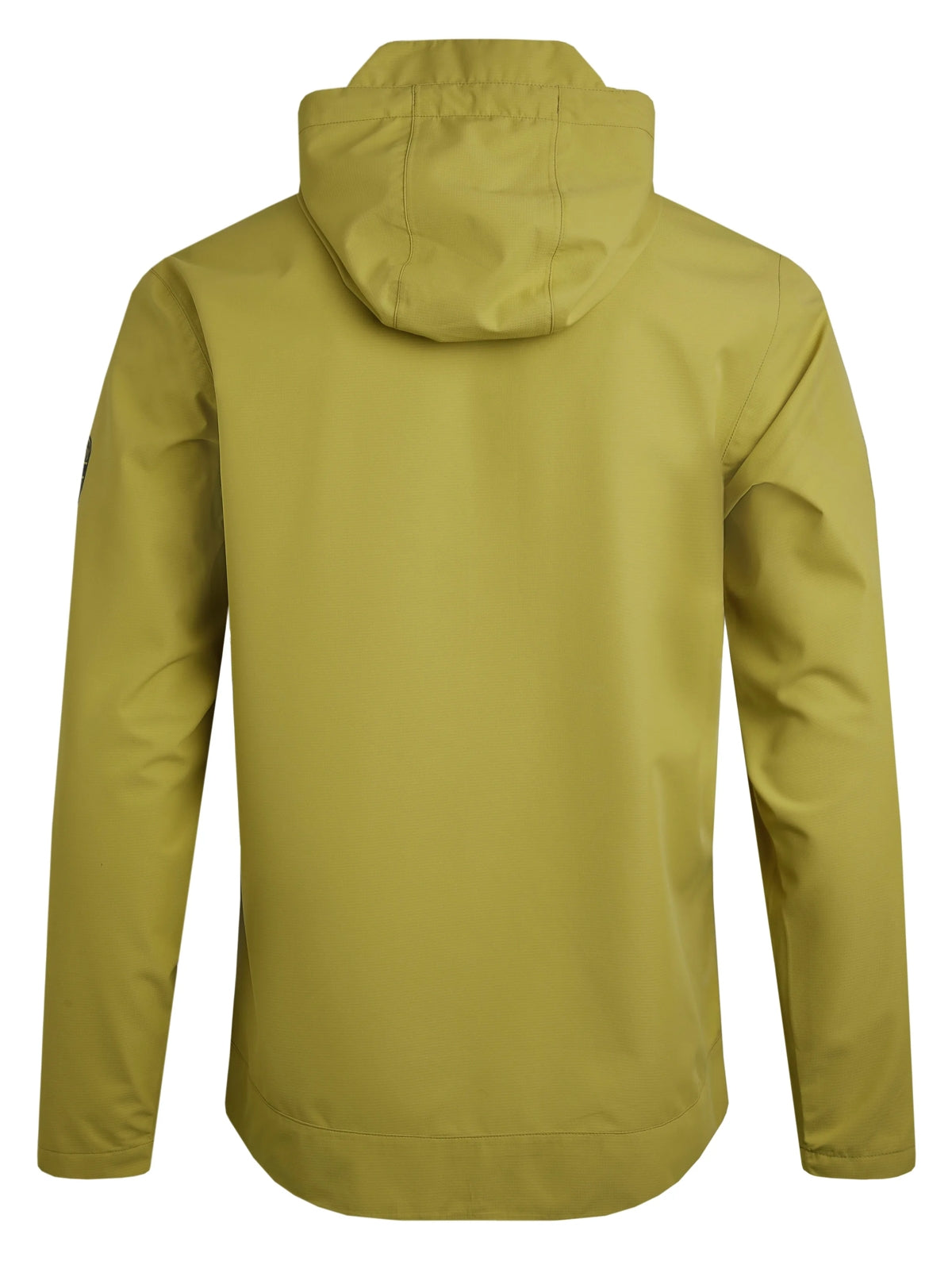 Back view of Weird Fish mens waterproof jacket tarragon in green with hood and long sleeves