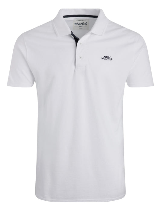 Weird Fish mens white polo shirt with short sleeves and buttoned collar