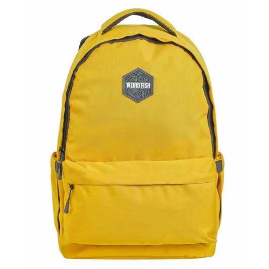 Front view of a Weird Fish Nevis background in a bright yellow with logo patch and front zip pocket.