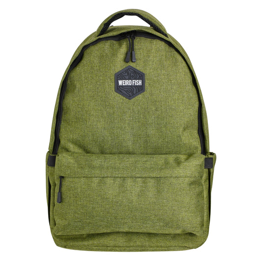 Front view of a Weird Fish Nevis Artichoke Green backpack with a brand logo on a white background