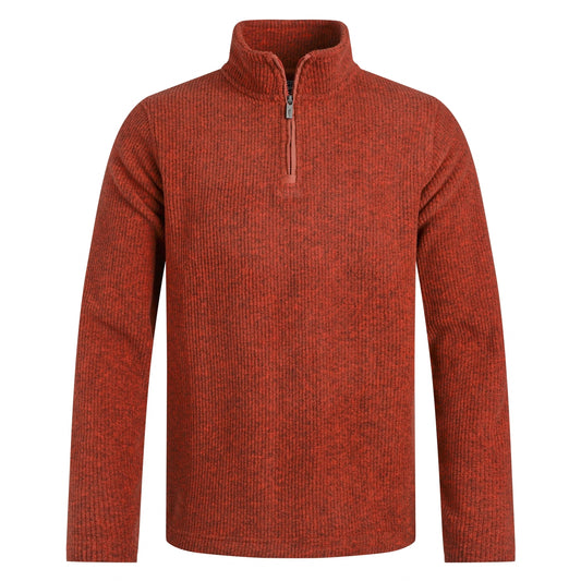 Red Weird Fish mens ribbed knit fleece with a quarter zip on a white background