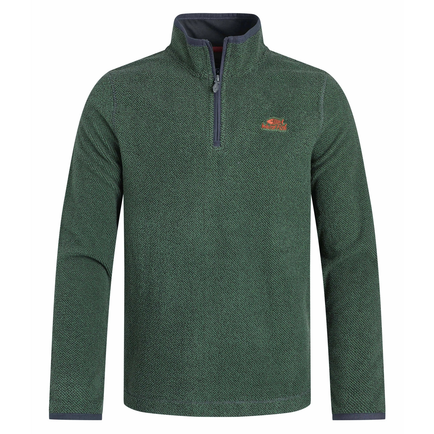 Green fleece pullover with a Weird Fish brand logo on a white background