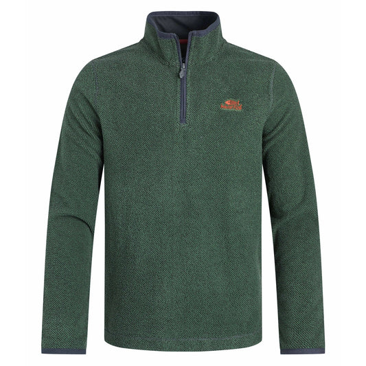 Green fleece pullover with a Weird Fish brand logo on a white background