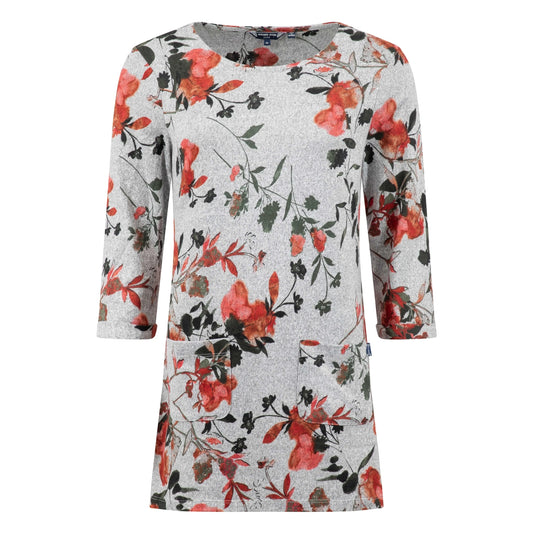 A Weird Fish womens floral Sidney tunic in grey with red flowers on a white background