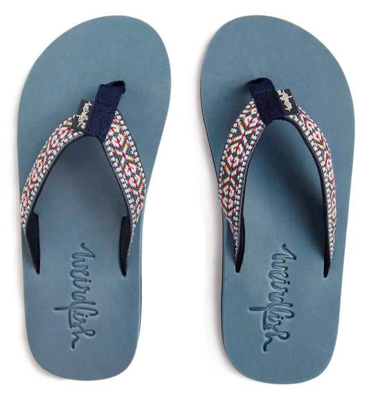 Weird Fish womens Adila flip flops in blue with patterned fabric straps and embossed logo