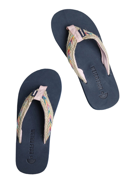 Weird Fish womens Adila flip flops Navy with braided straps and cushioned footbed