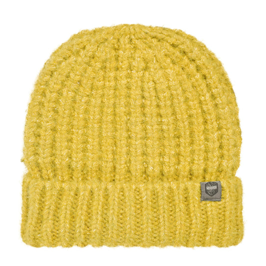 Weird Fish Clare Antique Moss yellow knit beanie with turn up hem and a brand logo on a white background
