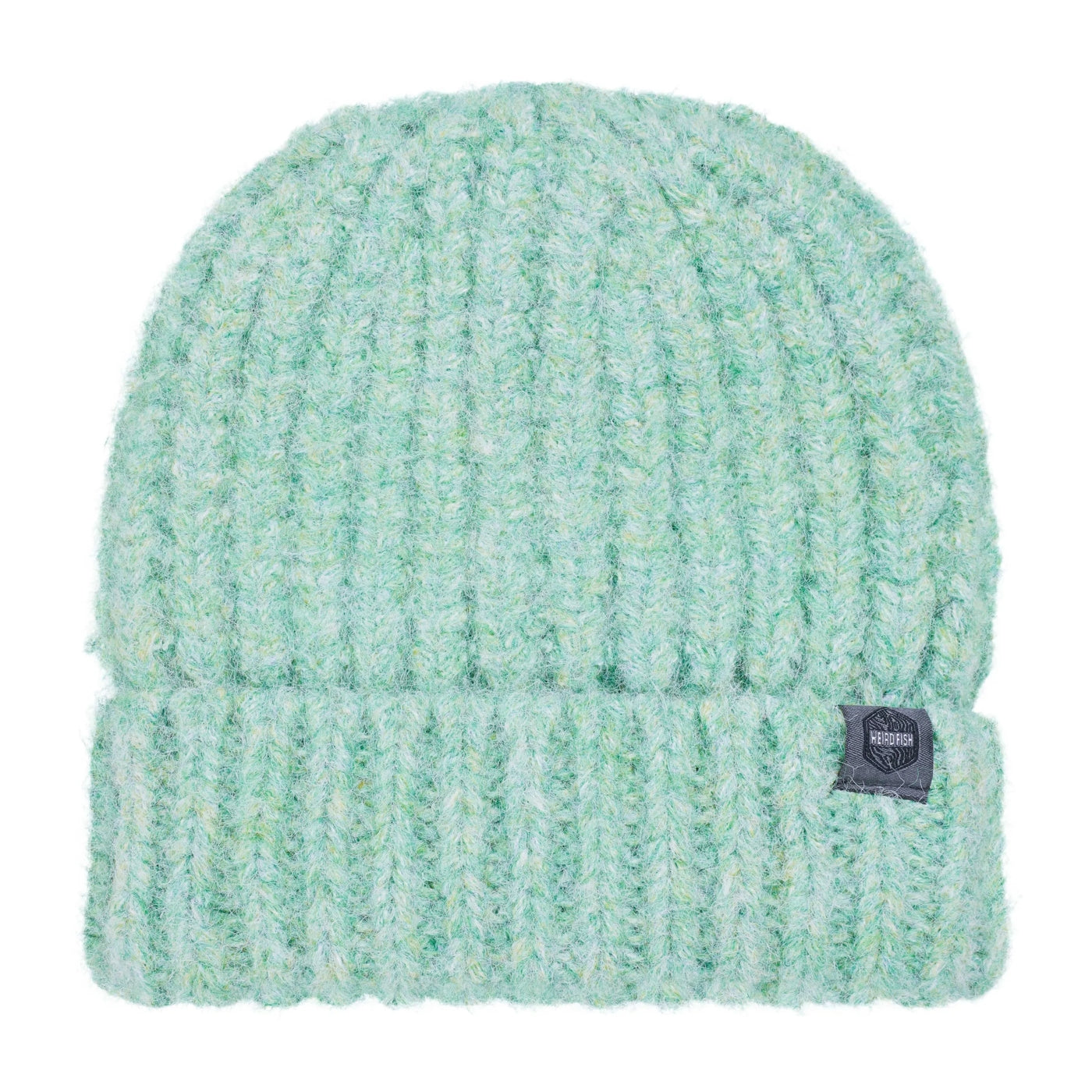 Light green turquoise knitted Weird Fish Clare beanie with a turn up hem and brand logo on a white background
