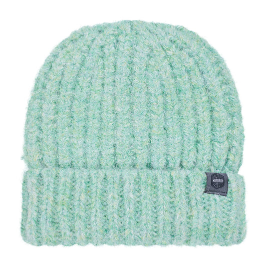 Light green turquoise knitted Weird Fish Clare beanie with a turn up hem and brand logo on a white background