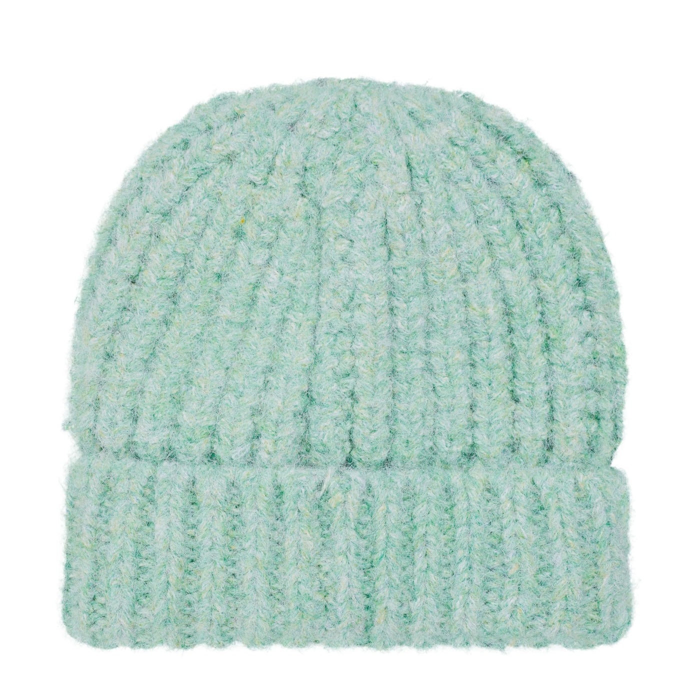 Back view of a Weird Fish knitted Clare beanie in Sea Mist turquoise on a white background