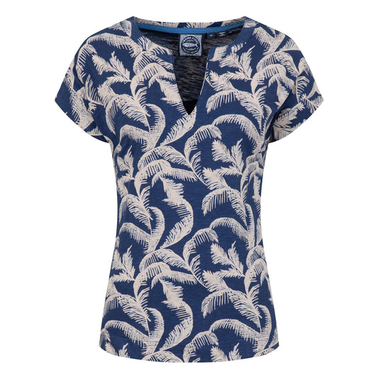 Front view of a womens Weird Fish Alia short sleeve notch neck t-shirt in Ink blue with an ecru palm tree leaf pattern on a white background
