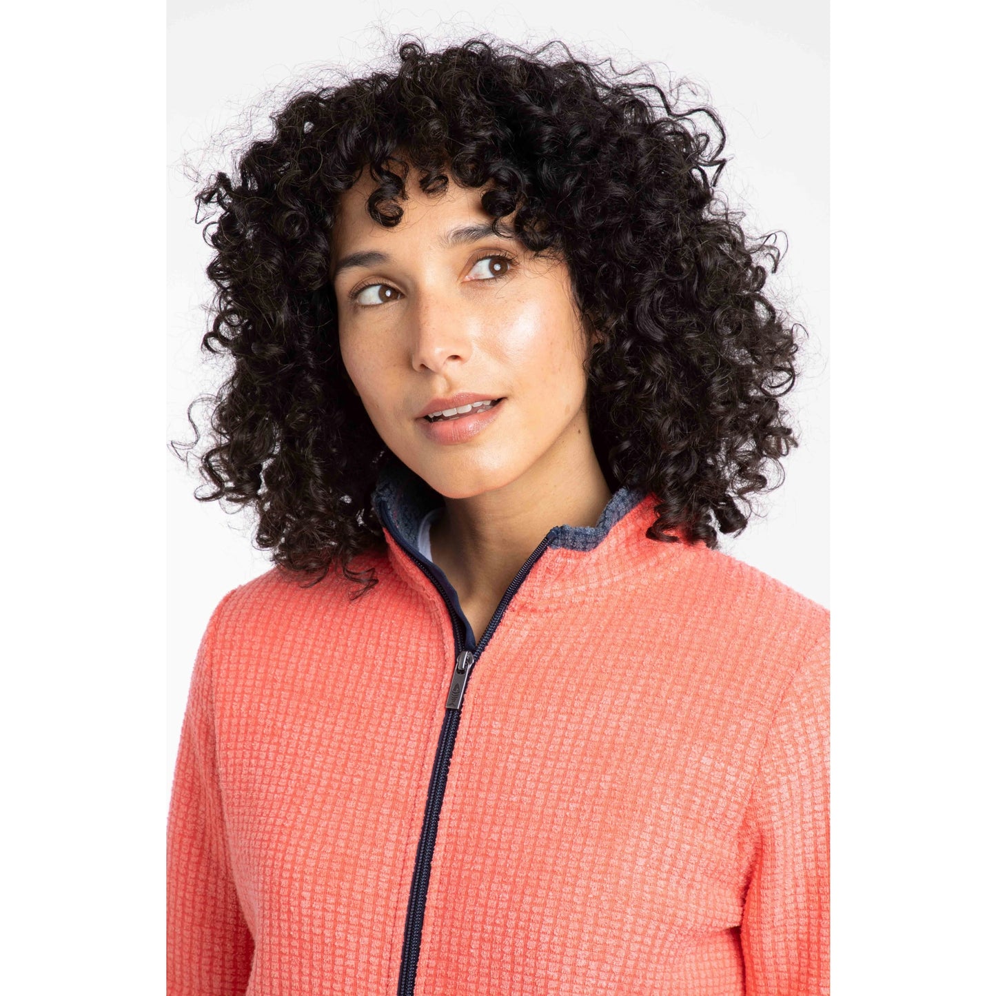 Weird Fish womens Ariana full zip grid fleece coral with high collar and textured fabric