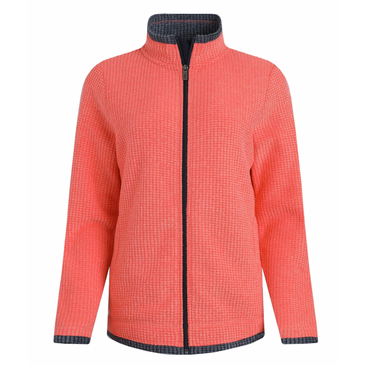 Weird Fish womens Ariana full zip grid fleece coral with navy trim and stand collar for warmth