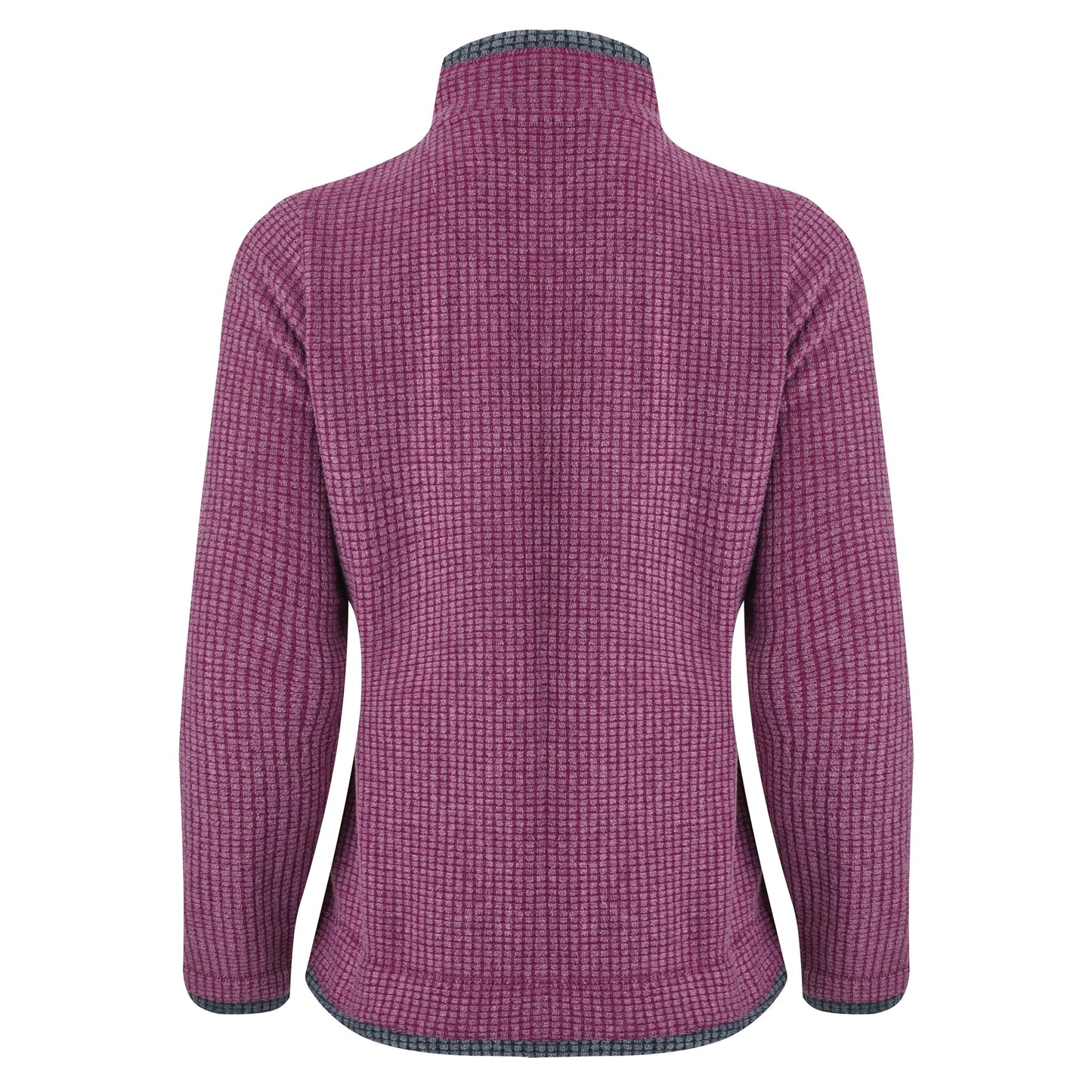 Weird Fish womens Ariana grid fleece purple wine colour full back view with high collar and long sleeves