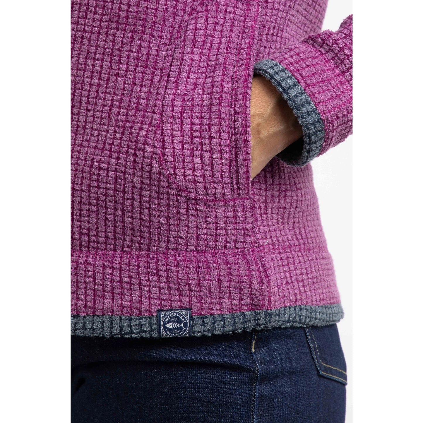 Weird Fish womens Ariana grid fleece purple wine textured fabric with hand pocket and navy trim