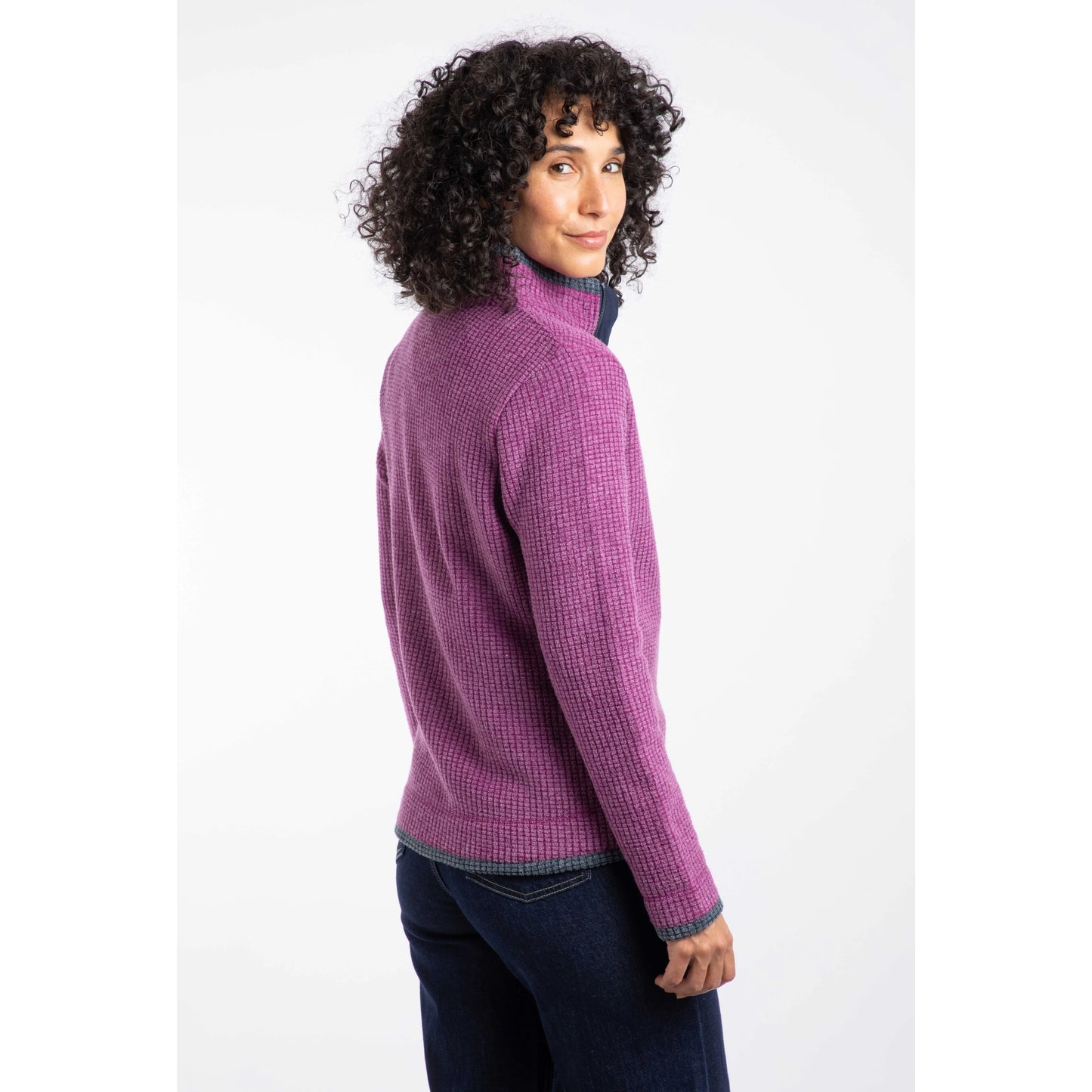 Weird Fish womens Ariana grid fleece purple wine shown from back on woman wearing dark jeans