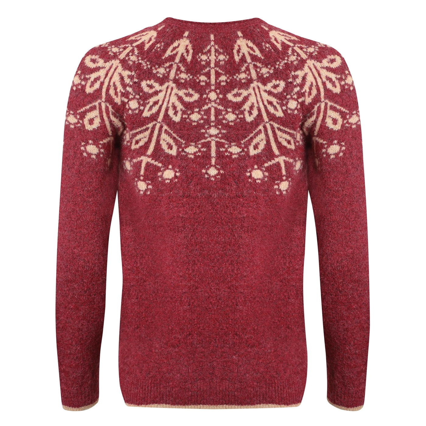 Back view of a rhubarb red Weird Fish womens knitted jumper with a beige Fair Isle pattern on a white background