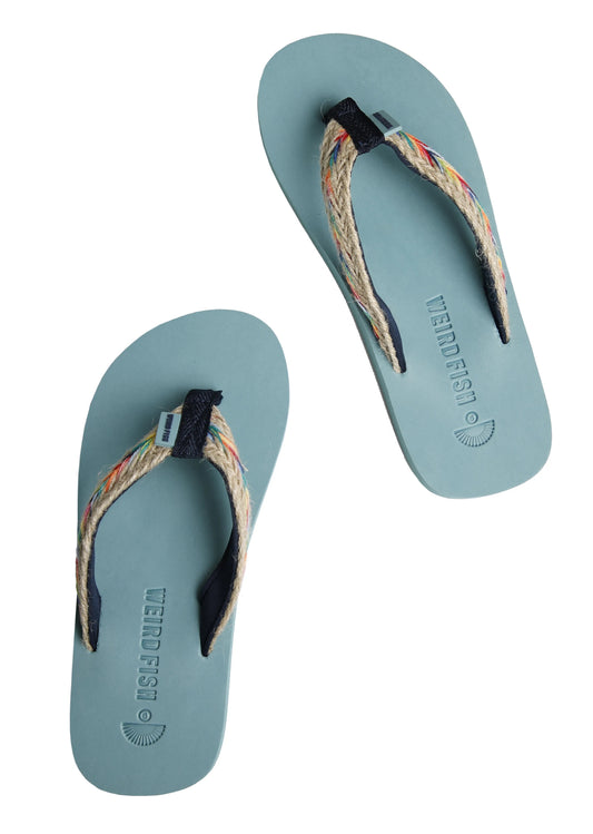 Weird Fish womens blue Adila flip flops with multicolor woven straps and soft blue footbed