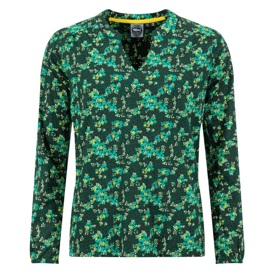 A womens Weird Fish green floral patterned long-sleeve Brooke t-shirt on a white background