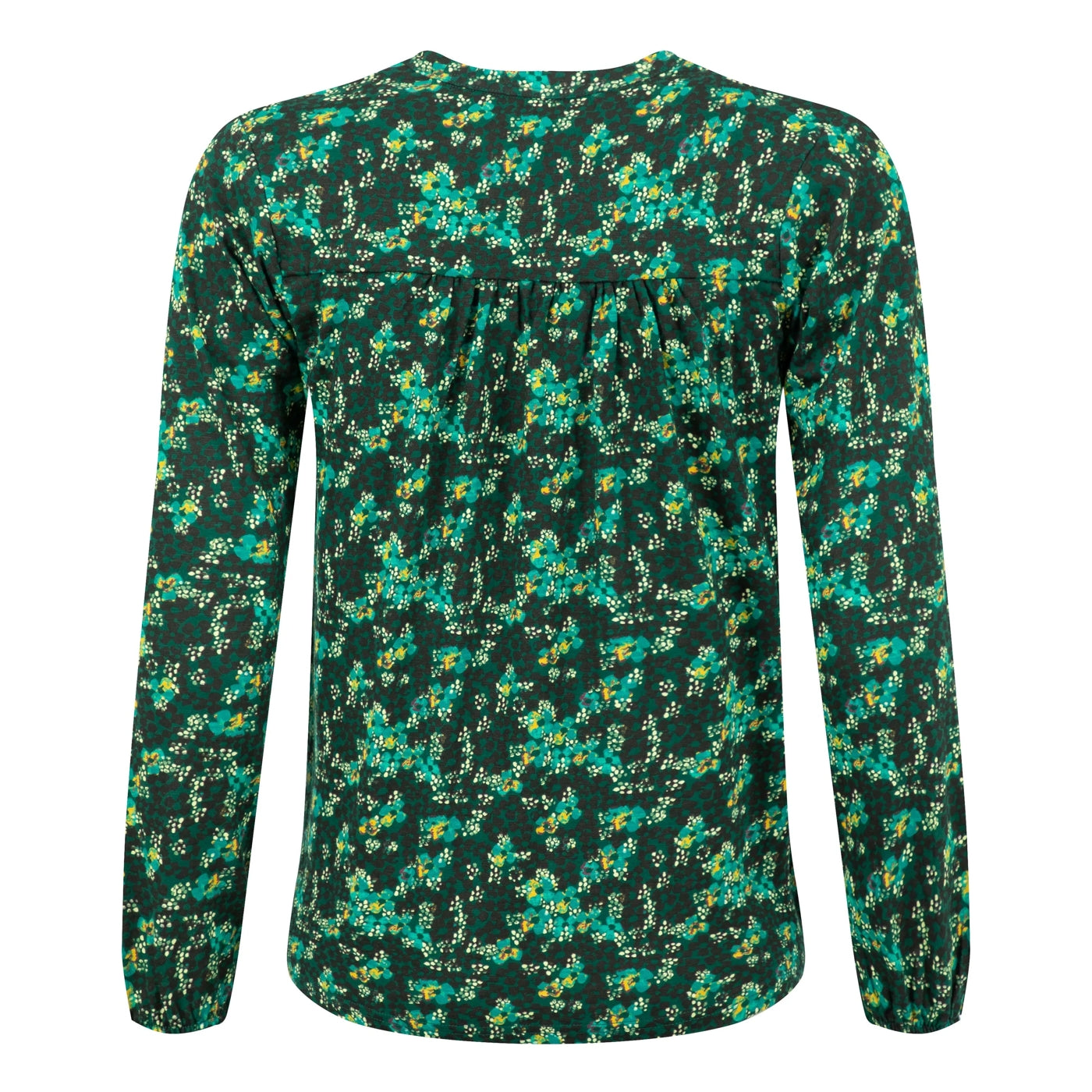 Back view of a womens Weird Fish green floral patterned Brooke long sleeve top on a white background