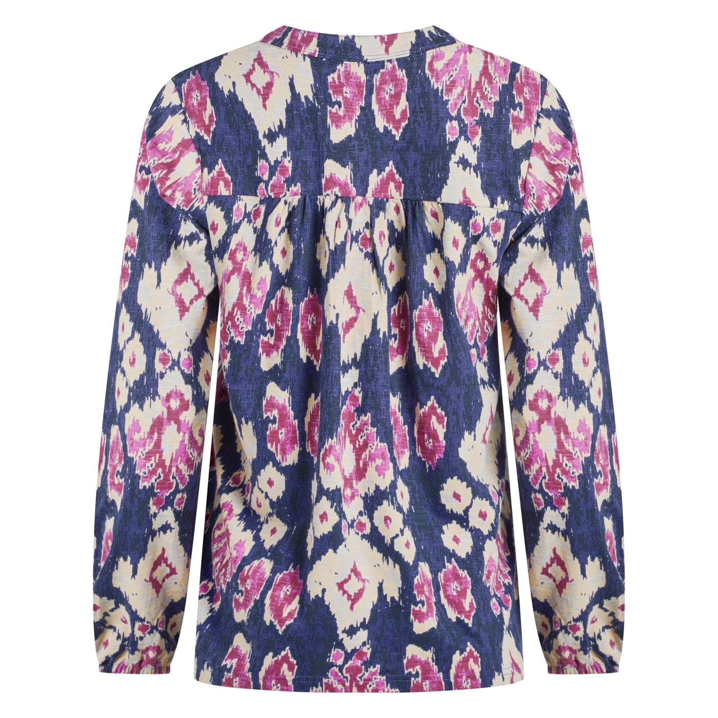 Back view of a womens Weird Fish Brooke long sleeve top in a blue and pink-purple abstract pattern on a white background