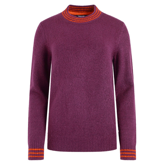 Front view of a womens Weird Fish Dawkins knitted jumper in Beet Purple with red accents on a white background