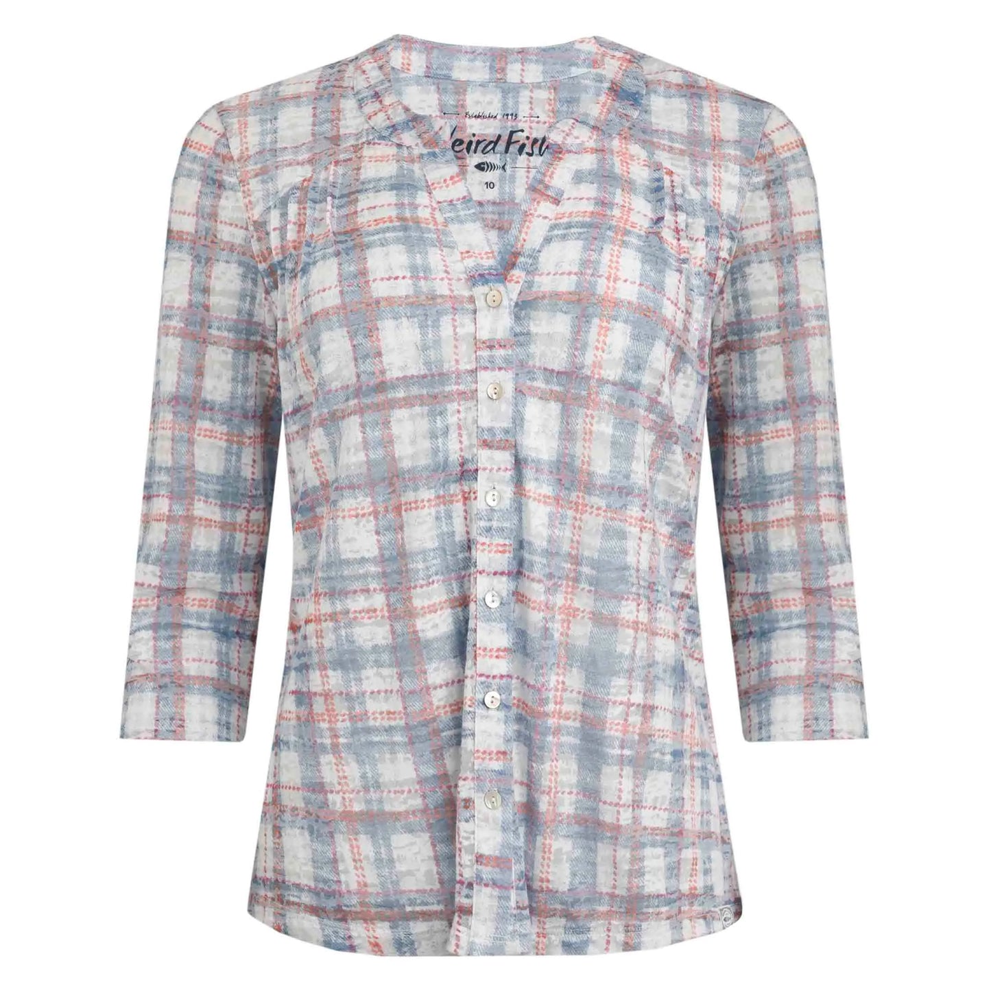 Weird Fish womens Fes check shirt in Pale Denim Blue with button front and three-quarter sleeves