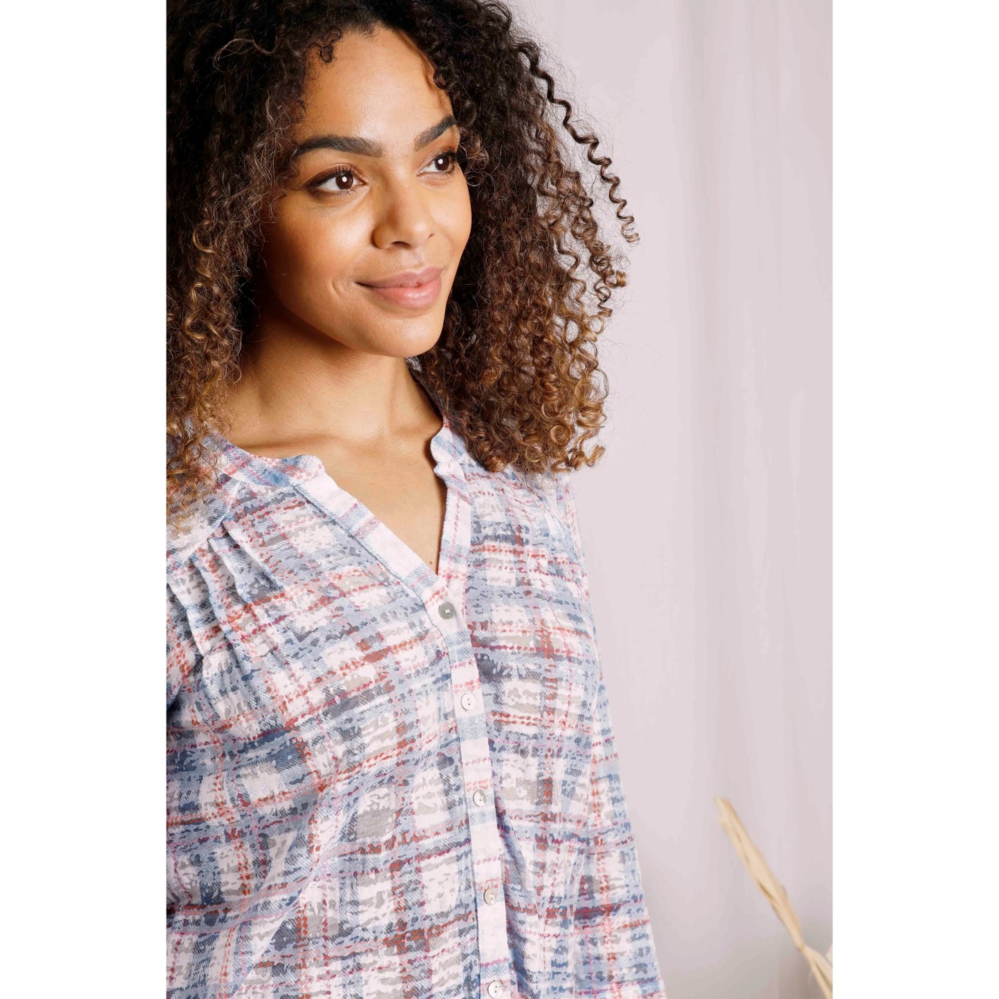 Weird Fish womens Fes check shirt in Pale Denim Blue worn by woman with curly hair, button-up style