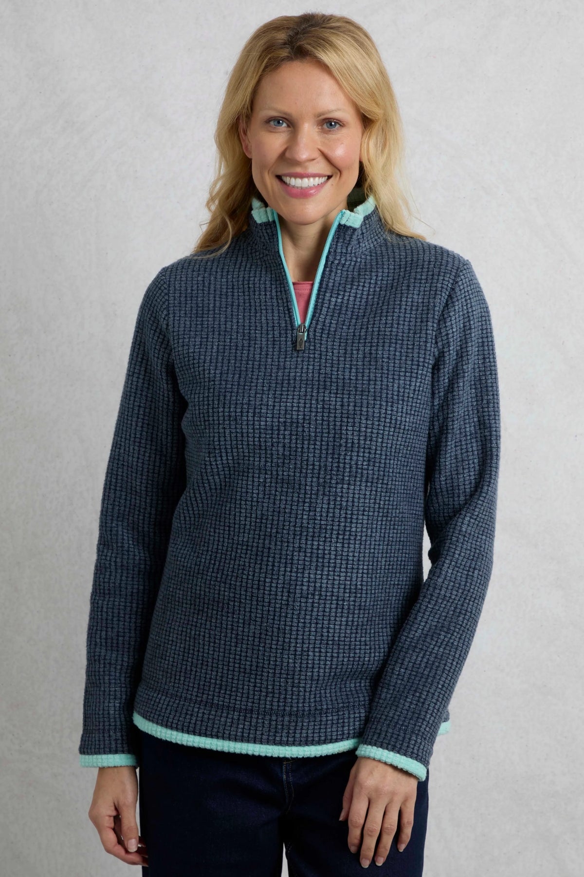 Weird Fish womens fleece navy blue textured half-zip pullover with light blue trim