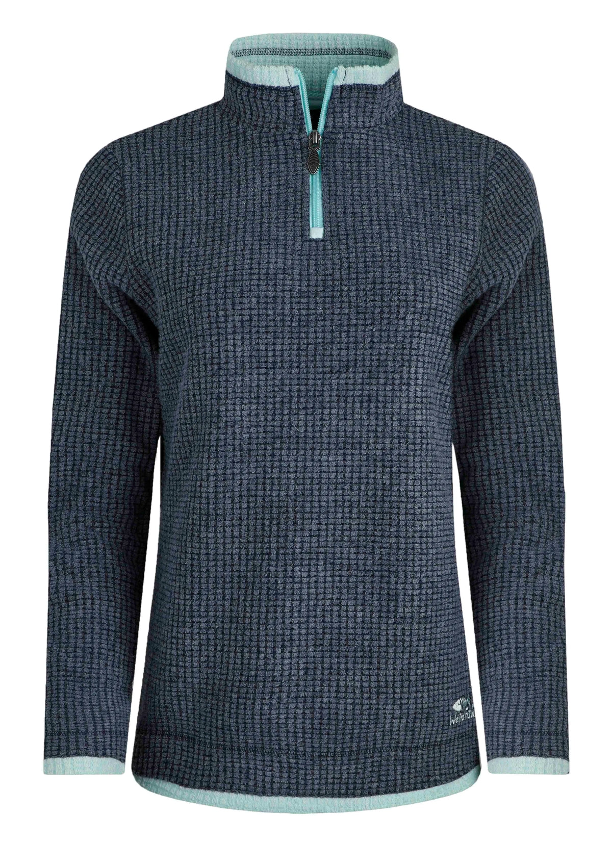 Weird Fish womens fleece navy half-zip pullover with textured fabric and light blue trim