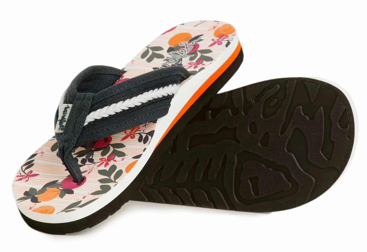 Weird Fish womens flip flops cantaloupe with floral print footbed and black textured sole