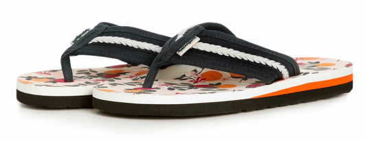 Weird Fish womens flip flops cantaloupe with floral print footbed and black braided straps