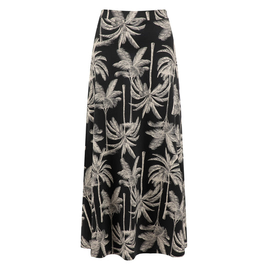Front view of a Weird Fish womens Eloriah midi jersey skirt in black with a beige palm tree pattern.