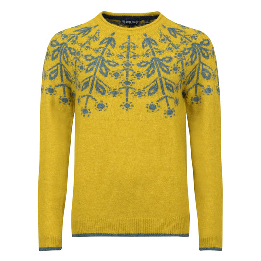 Yellow womens Weird Fish Miska knitted jumper with a green Fair Isle pattern on a white background