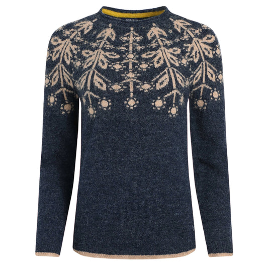 Navy womens Weird Fish Miska knitted jumper with beige Fair Isle pattern on a white background