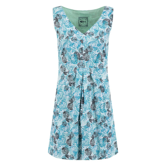 Front view of a womens Weird Fish sleeveless Indus tunic in a blue shell print on a white background