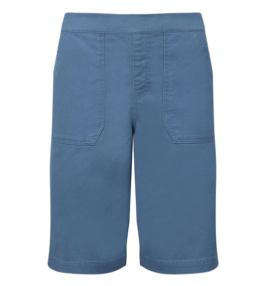 Front view of a pair of womens Weird Fish flat front Kinnie shorts in Faded Blue with elastic waist and hip pockets.