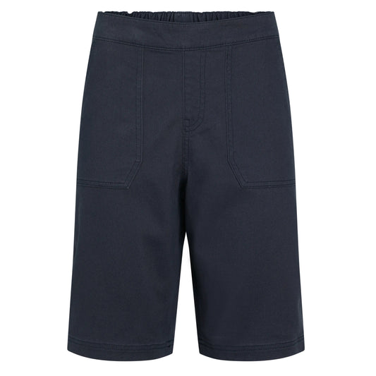 Front view of a pair of womens Weird Fish flat front Kinnie shorts in navy with elastic waist and hip pockets.