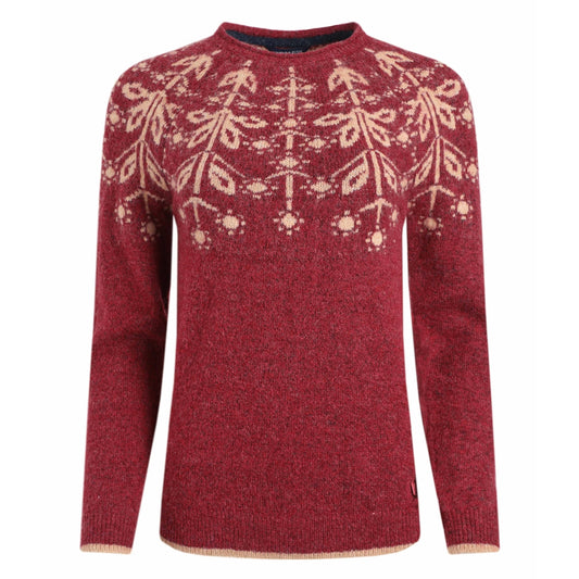 Front view of a red womens Weird Fish Miska knitted jumper with beige Fair Isle pattern on a white background