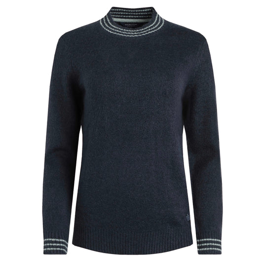 Front view of a womens Navy knitted Weird Fish Dawkins jumper with striped cuffs and collar on a white background