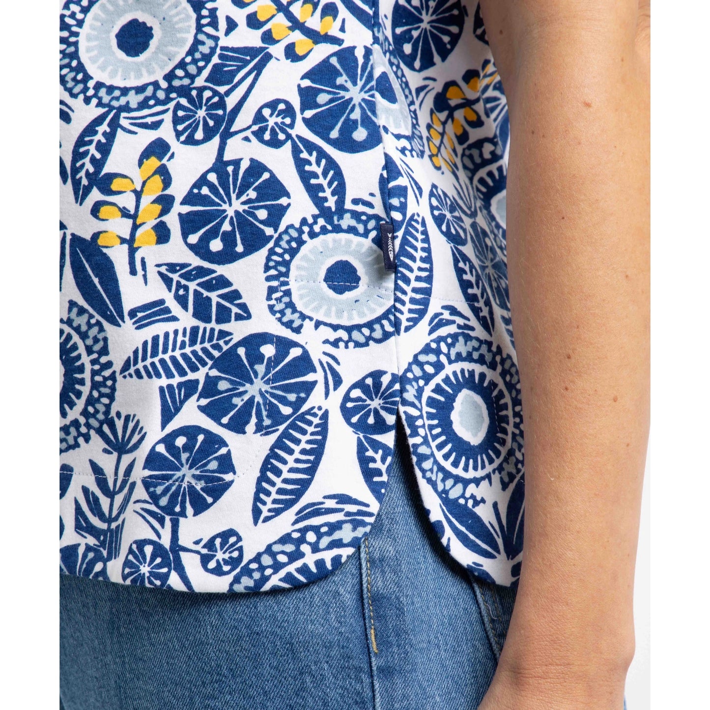 Close-up of a Weird Fish Paw Paw womens tee with blue and white floral pattern