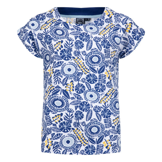 Front view of a womens Weird Fish short-sleeve t-shirt with blue and yellow floral pattern on a white background