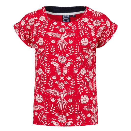 Front view of a womens Weird Fish short sleeve Paw Paw tee in Rich Red with a white floral and parrot print pattern on a white background