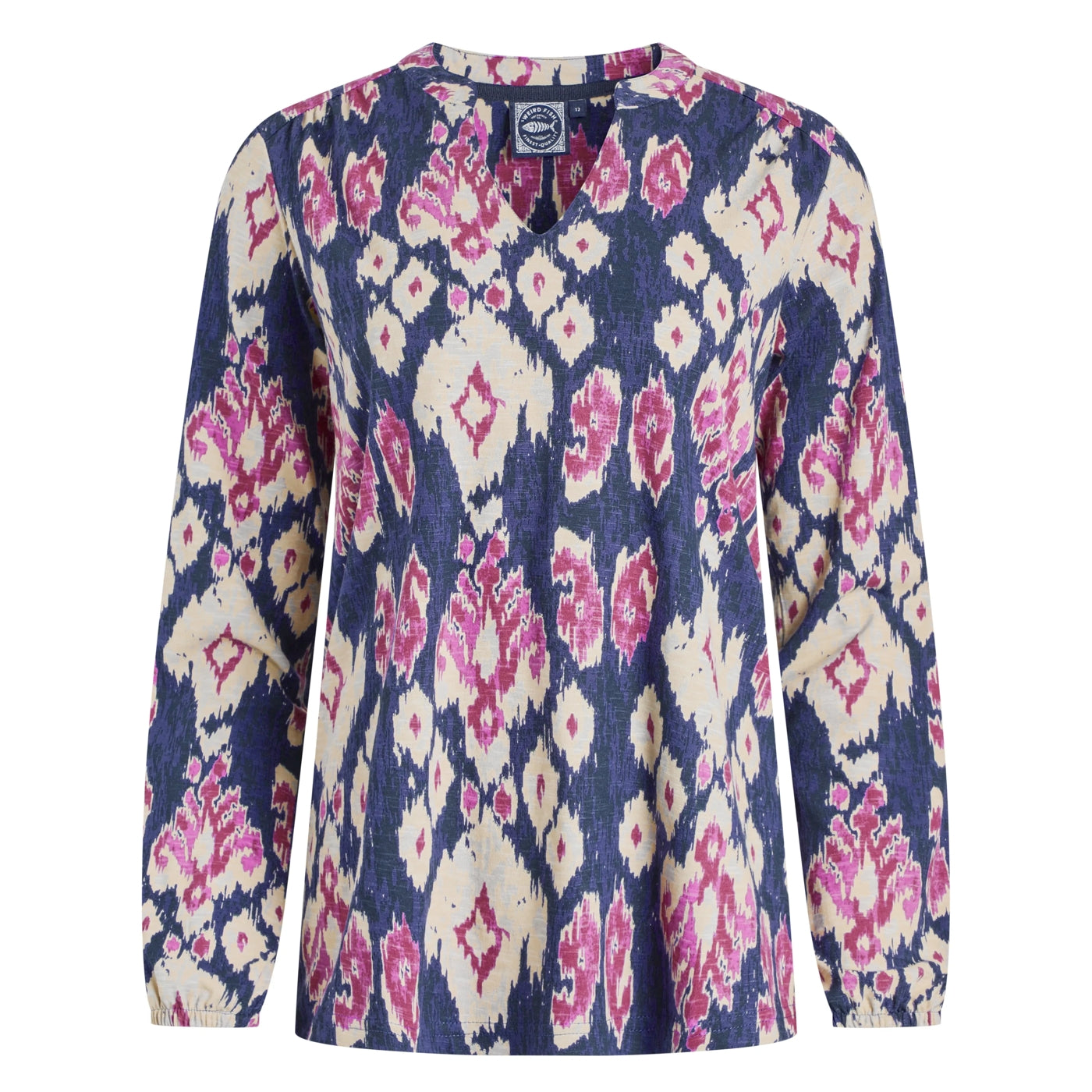 Weird Fish womens long-sleeve Brooke top in Petrol Blue with an abstract purple pink pattern on a white background